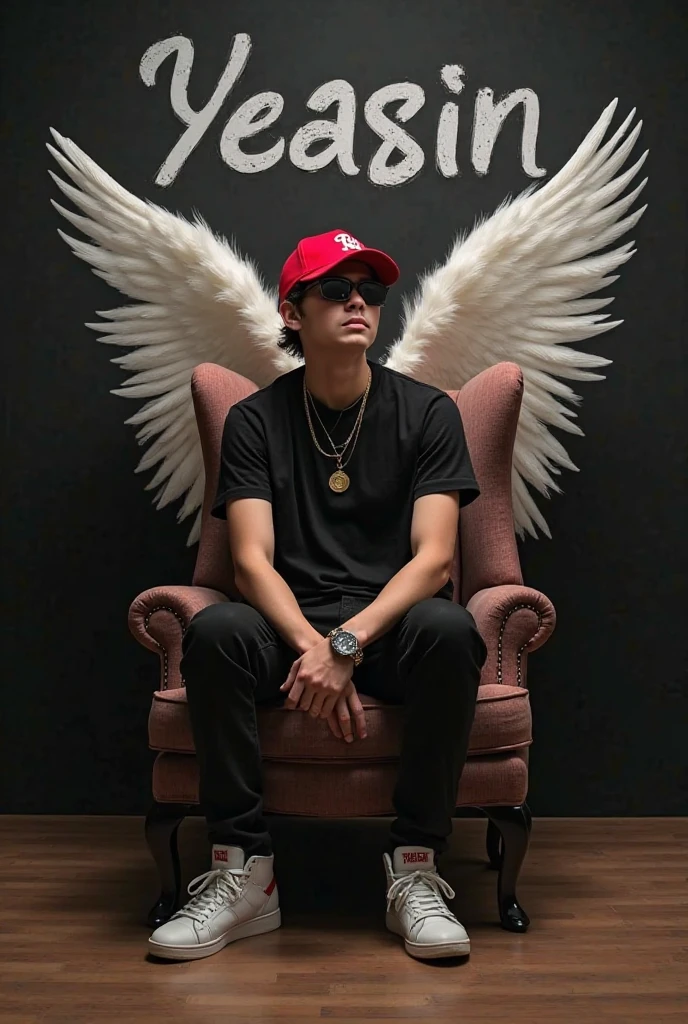 Create a 3D illusion for a picture where a boy 30 years in a black shirt sits casually on a Wingback Chair. Wearing sneakers ,, and , he looks ahead. The background features "painfull Ador" in big and capital white fonts on the black wall. There should not be his shadow, and there are wings to make it appear as if he is an angel.