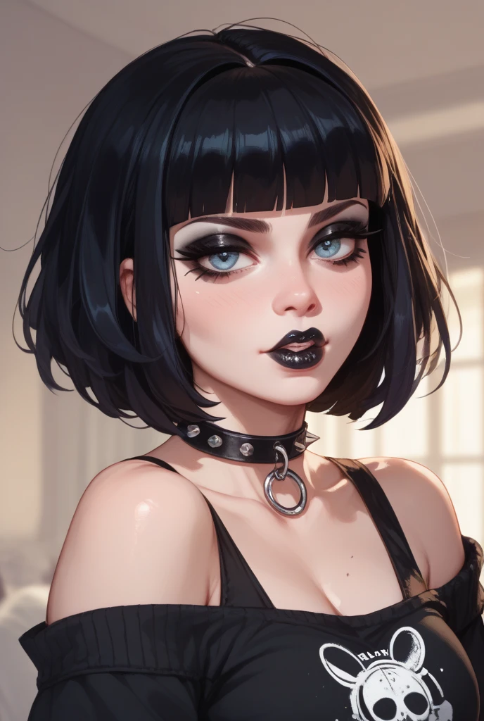 score_9,score_8_up,score_7_up, 1girl, gothic, black short hair, bangs, black eyeshadow, eyelashes, black lipstick. wearing black micro bikini, high quality, zPDXL3, smudgy, liu2, kyuyongeom