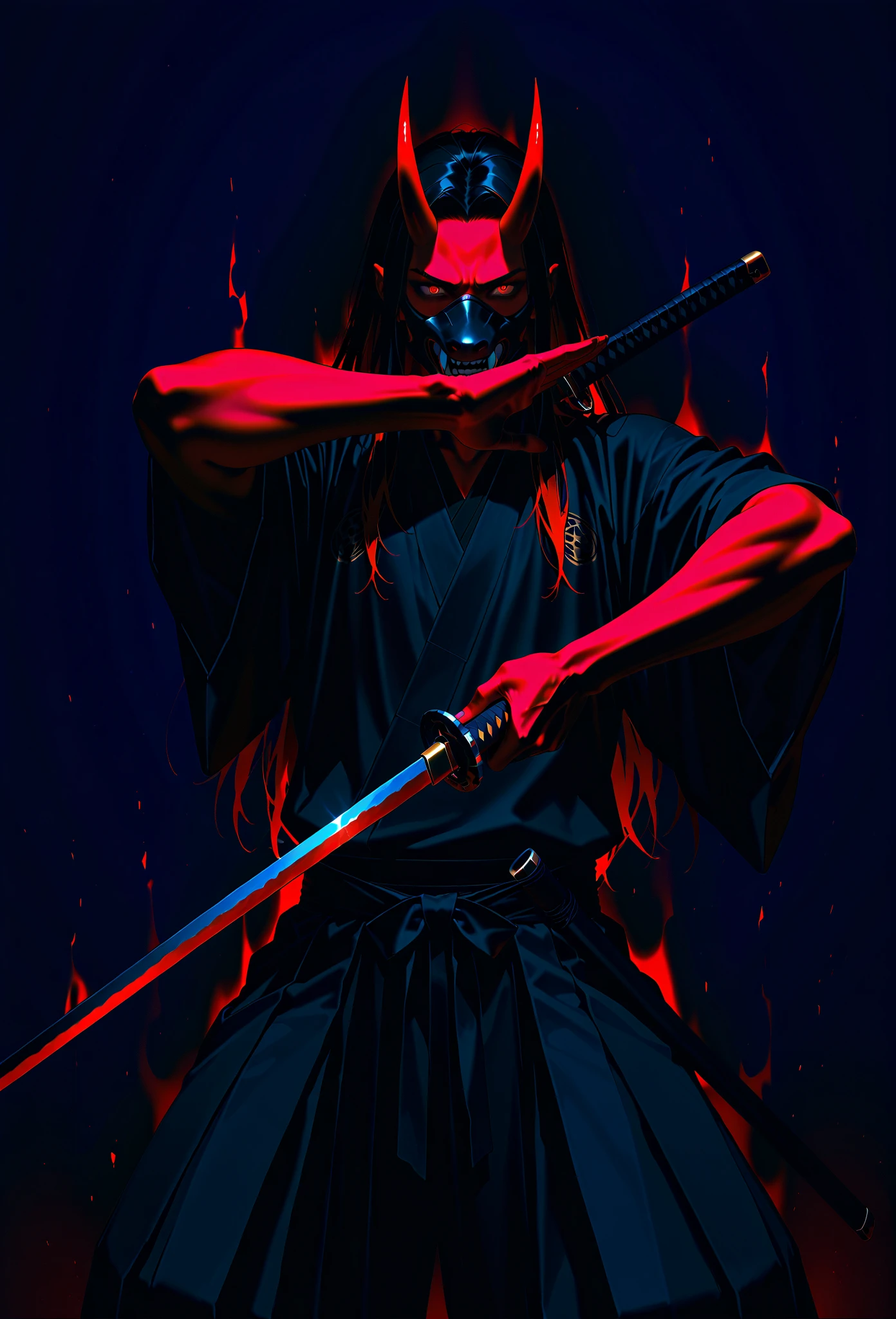 1 male, black hair with red highlights, red eyes, short red oni horns with dark red tips, wearing a black canine mask covering his mouth, good looking, wearing black clothes, black katana, pose.