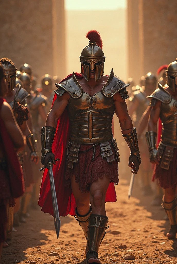  Illustrate an intense scene of Spartan warriors undergoing rigorous training, forming an unbreakable phalanx with shields and spears. The backdrop can depict the rugged landscape of ancient Sparta, emphasizing their commitment to military excellence.