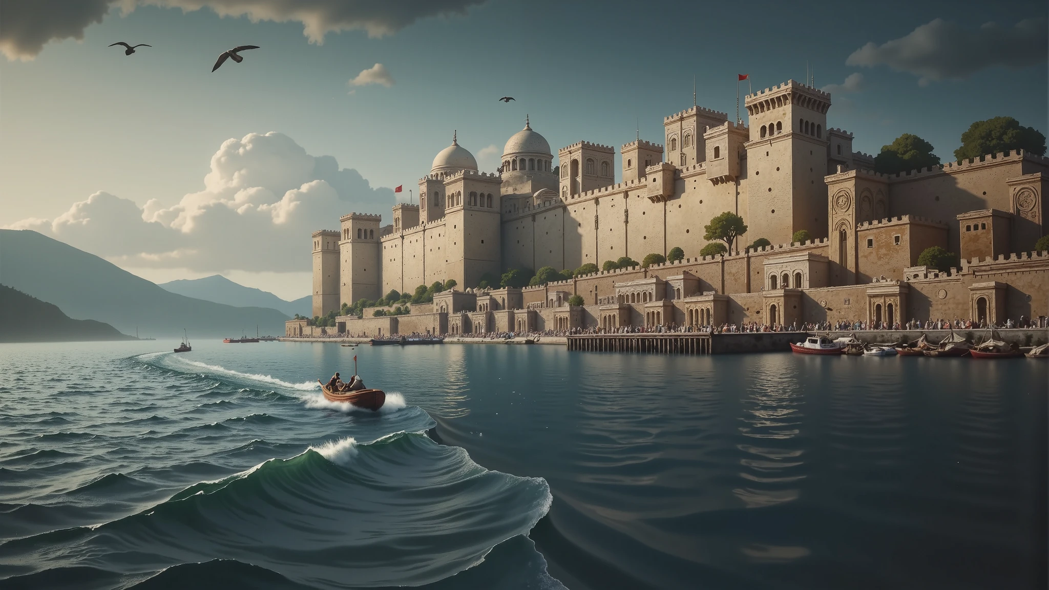 A walled Greek city in ancient Greece with a port, seen from the perspective of a boat, with an upward angle and in first person.