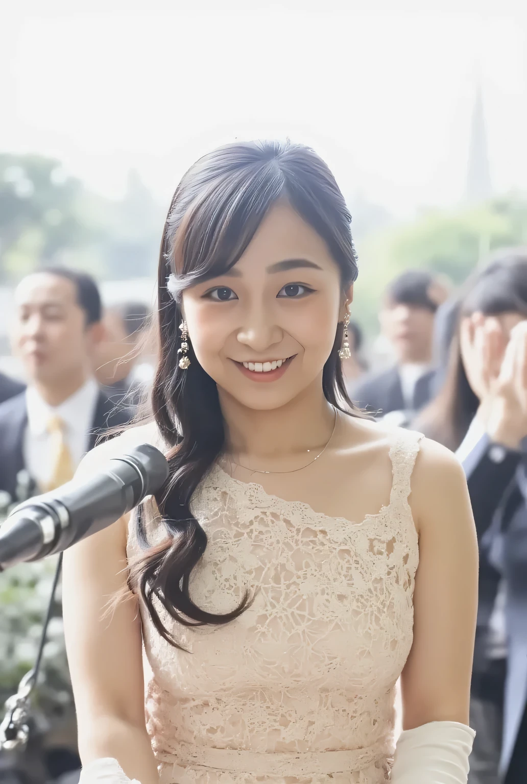 I26歳です。I、 I'm a Japanese woman 。A close-up picture of my upper body。I'm in a park with lots of greenery。Other people have 、Please don't show。 in the background 、Skyscrapers、A pond with blue water、I can see green and yellow trees。。Surrounding me 、I'm also at the back、 no people。I'm wearing a sleeveless tank top。, stand up from your toes、with the string。gaze at the white sandals and stretch out、I laugh 。