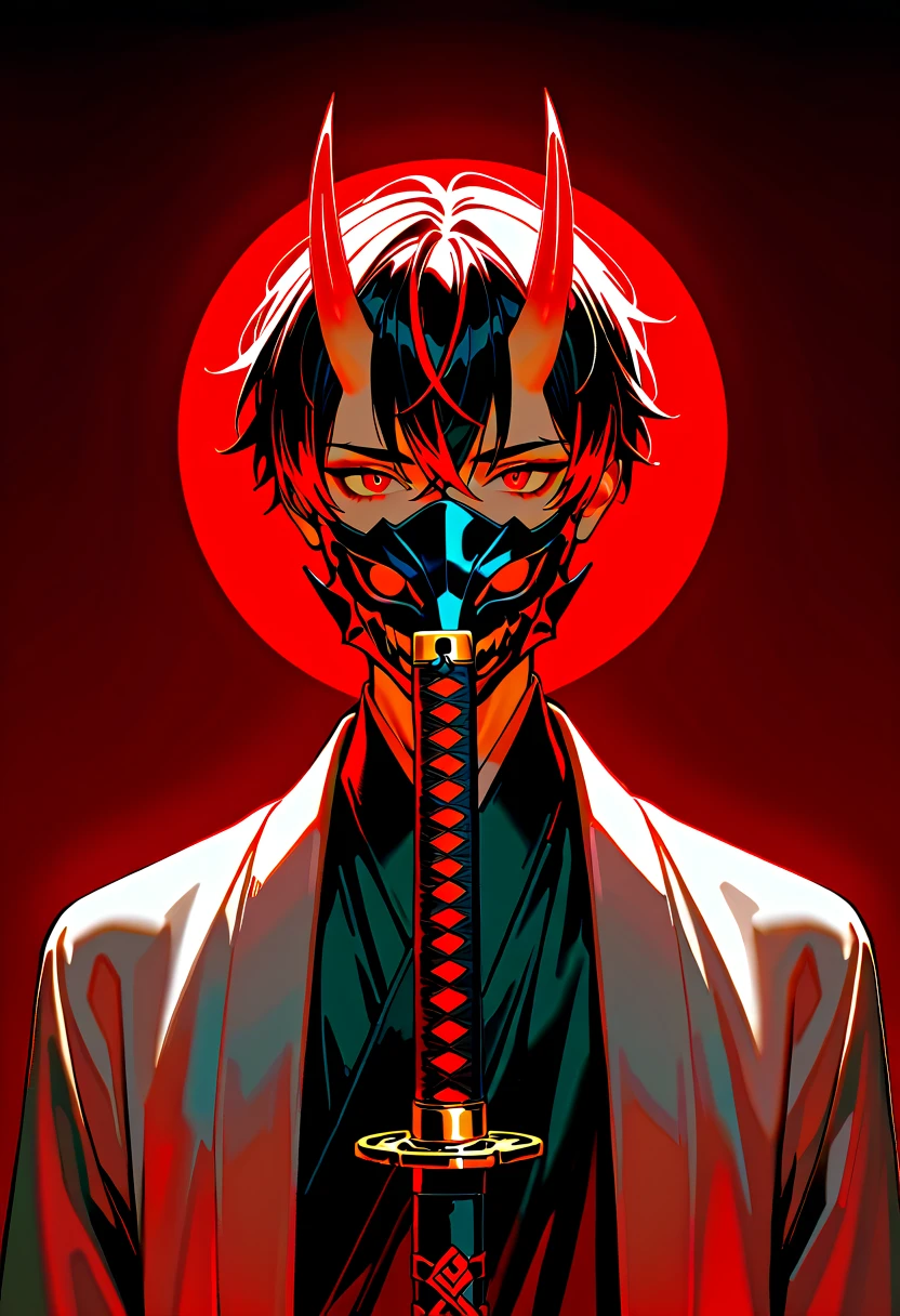1 male, black hair with red highlights, red eyes, short red oni horns with dark red tips, wearing a black canine mask covering his mouth, good looking, wearing black clothes, black katana, pose.