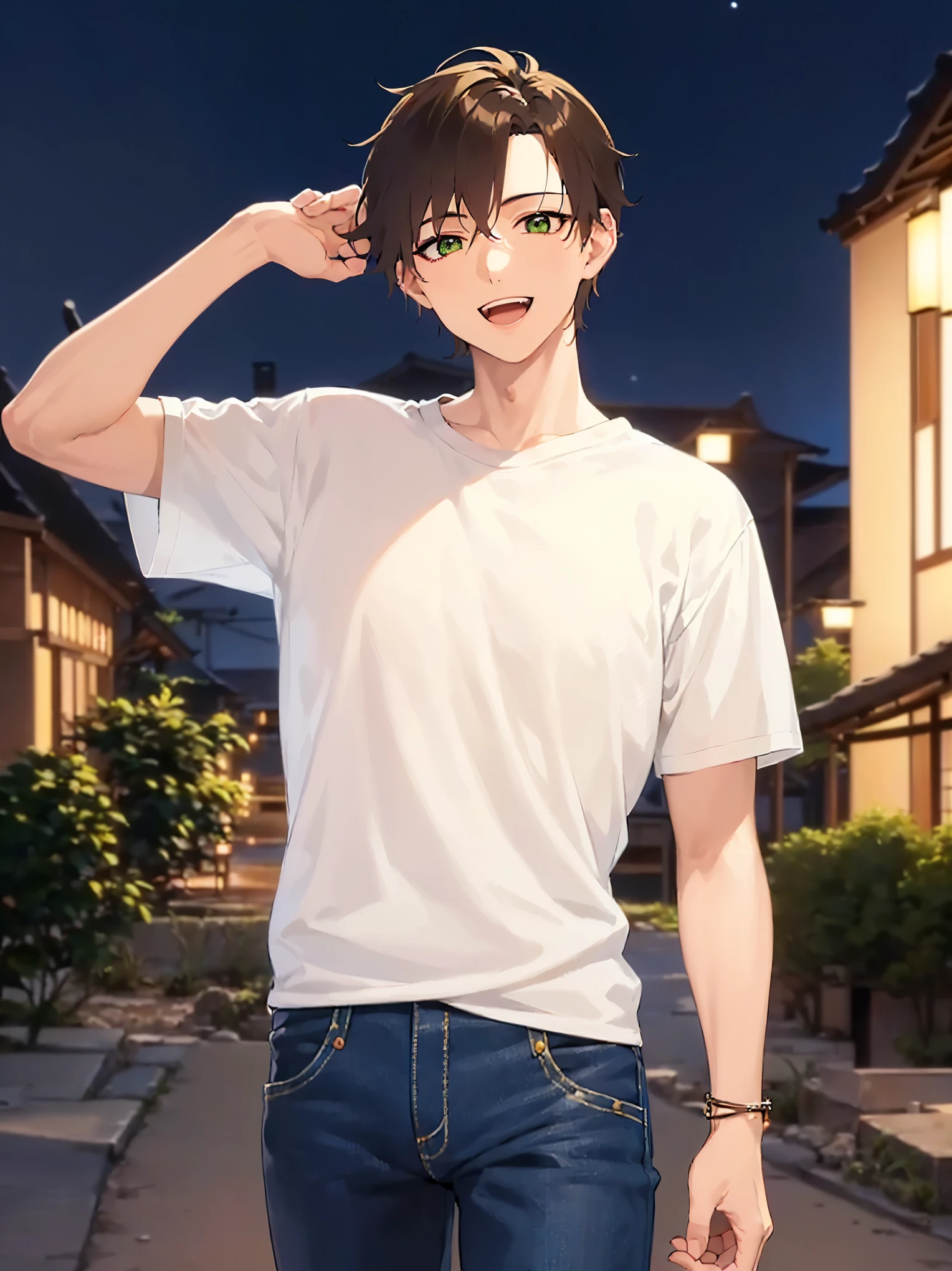 Japanese manga style, shiny skin, masterpiece, best quality, (27-year-old male: 1.5), (short brown hair) and (green eyes),(white T-shirt) and (jeans), (smile),(open mouth),The background is a residential area,(at night:1.5)(alone: 1.5),arm above head