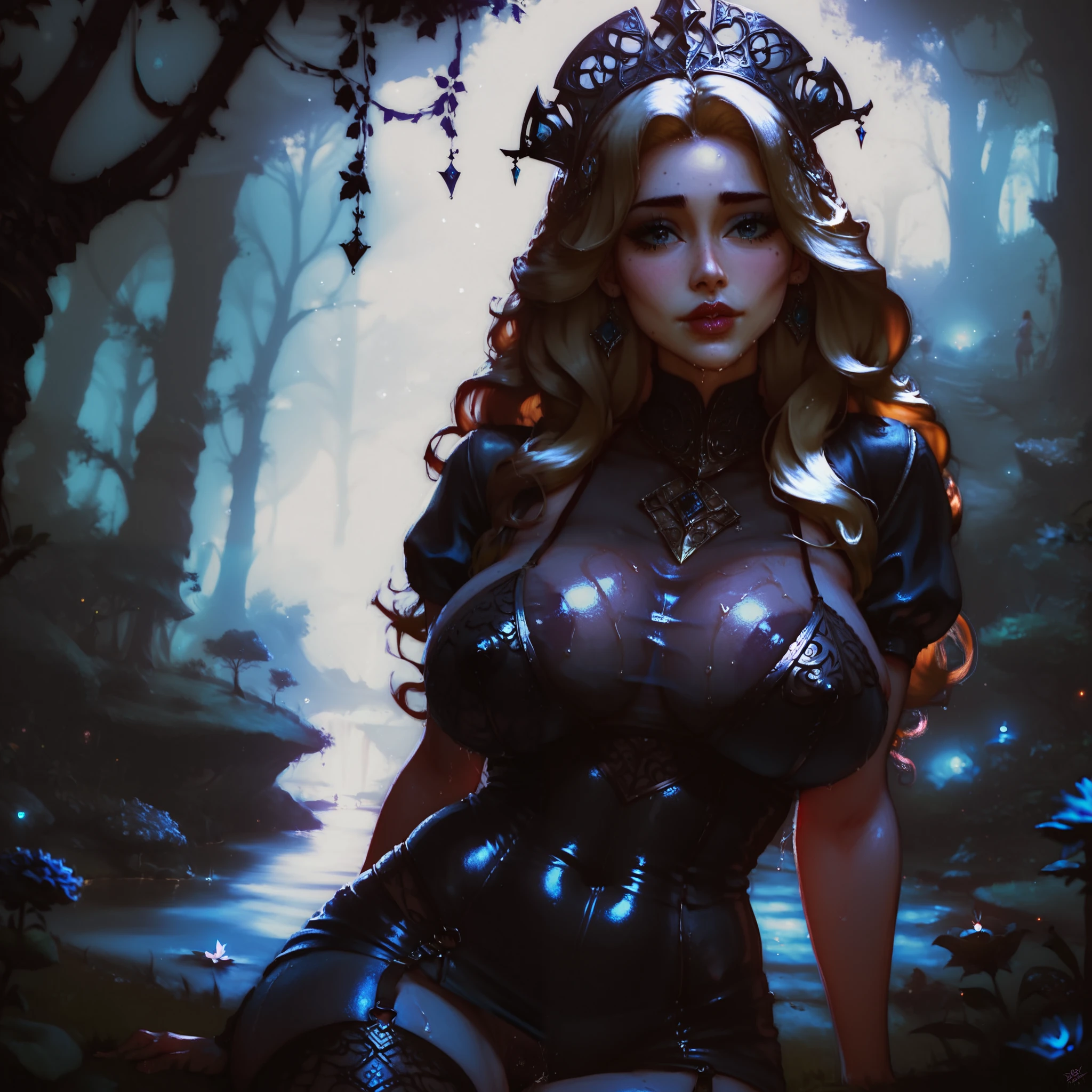 A Tim Burton art style of a beautiful 20 year old blonde Kate Bloom with big messy hair in a tattered sheer black dress, white stockings, black headband, cleavage, holding a glowing mushroom, fantasy art style, gothic style, cute detailed digital art, colorful digital fantasy art, digital fantasy art ), glossy digital painting.
