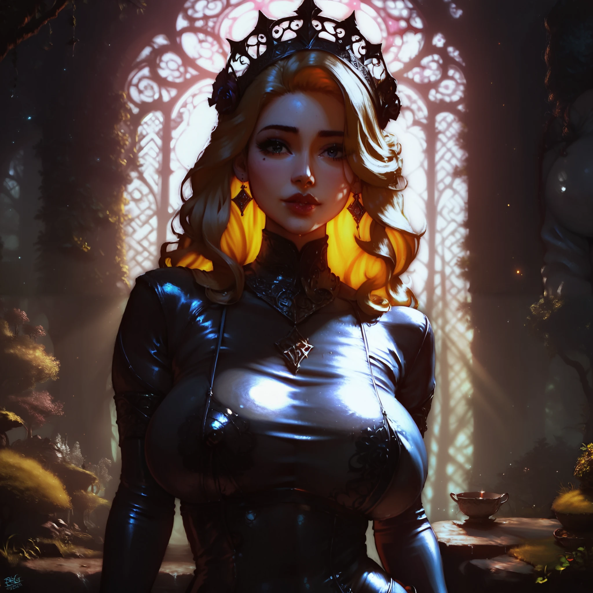 1 girl, masterpiece, blond hair, dark green eyes, European face, highest quality, solo focus, (perfect face: 1.1), (high detail: 1.1), gray tight dress, black gloves, golden crown, gothic architecture, beautiful wide smile, full shot, slim body, (high definition body), Atlantic physique, small breasts.