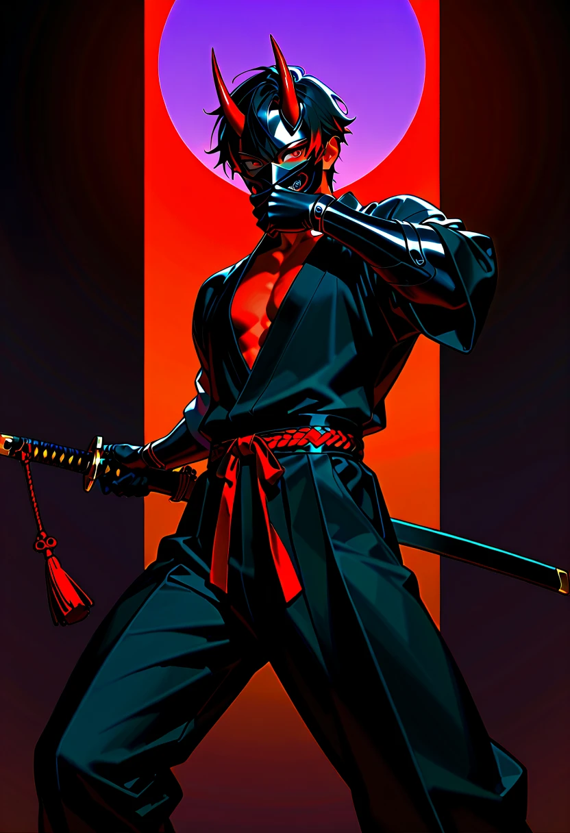 1 male, black hair with red highlights, red eyes, short red oni horns with dark red tips, wearing a black canine mask covering his mouth, good looking, wearing black clothes, black katana, pose.
