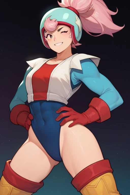 a beautiful young woman, with pink hair and tied up, wearing a cyan helmet, a red blouse with white colette and blue long sleeves with red gloves, sexy body, giant ass, thick thighs, hot curves, hentai, nsfw, porn, sex, , her breasts are small, she is smiling at the spectator, the background is pink