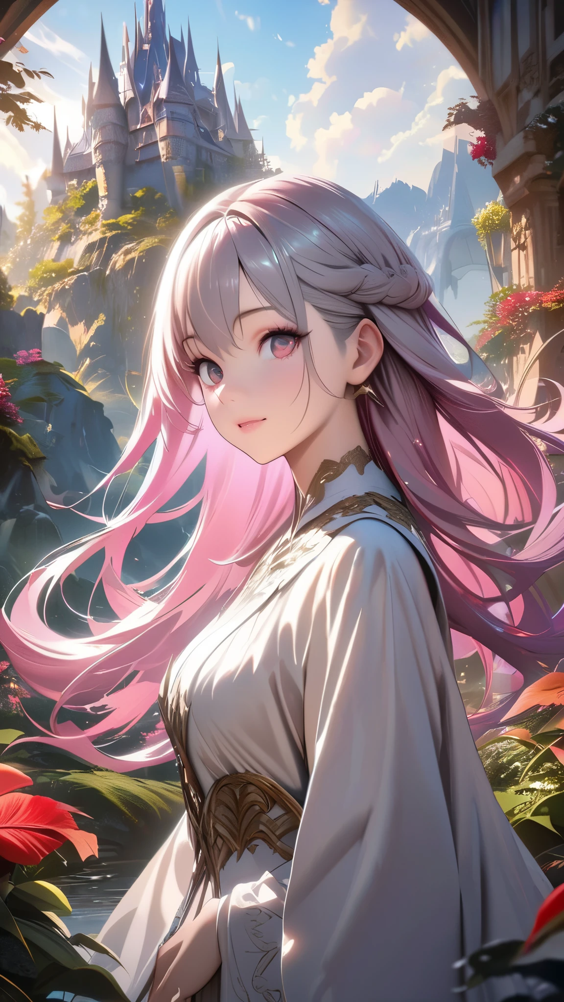 (masterpiece, best quality, ultra detailed, high resolution, 4k, 8k, extremely detailed, super fine illustration, beautiful glossy hair drawn in detail)a highly detailed, masterpiece-quality, ultra-realistic digital portrait of a young woman with stunningly beautiful, glossy and flowing hair, intricate facial features, mesmerizing eyes, and a serene, elegant expression, set against a lush, dreamlike fantasy landscape with a mythical castle in the background, atmospheric lighting creating a sense of depth and drama, painted in a vibrant, vivid color palette with exceptional attention to detail, using advanced rendering techniques for maximum photorealism and visual impact, 4k, 8k resolution