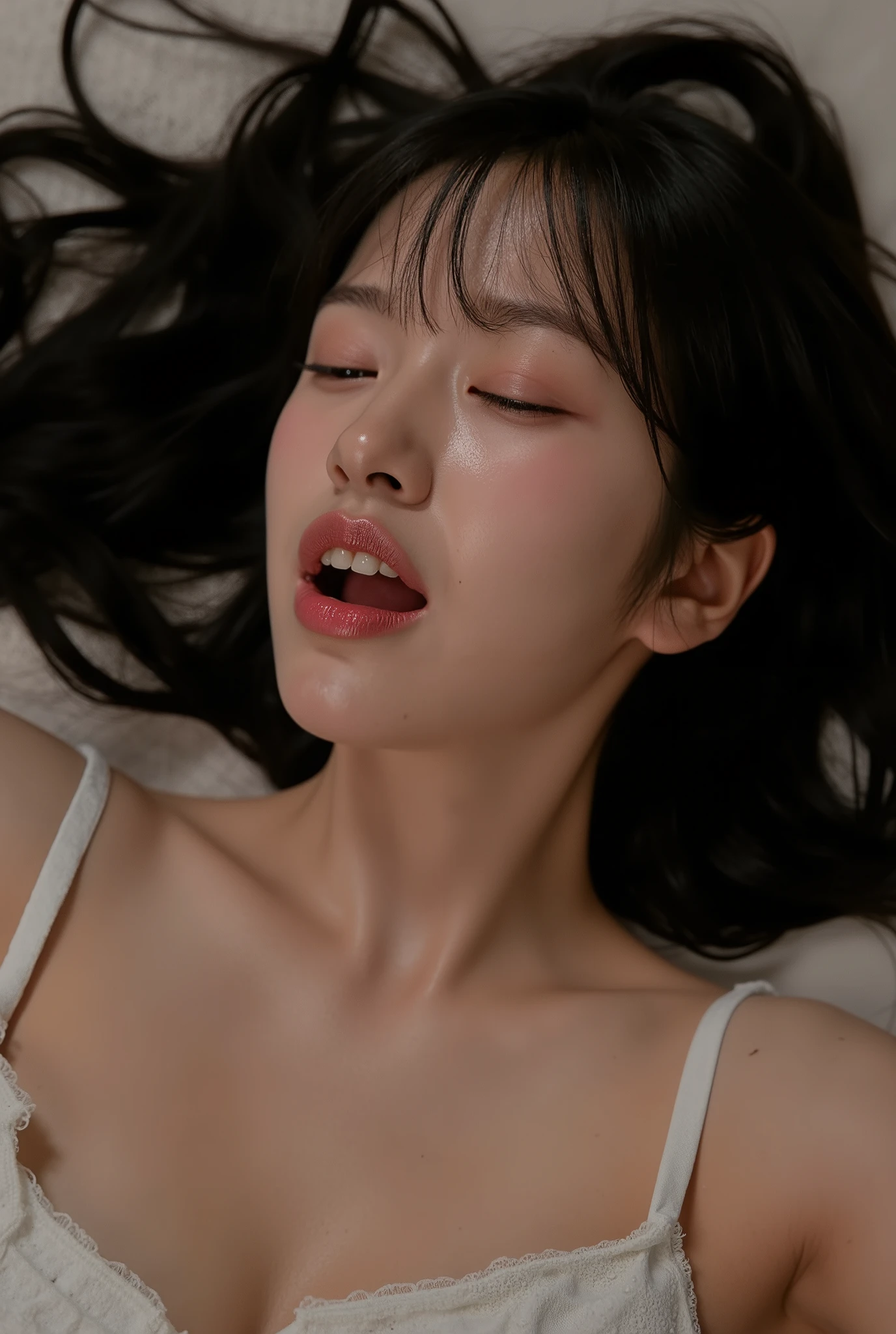 ((( real、live-action、reality、High image quality)))do, best quality , ( High Definition CG Unity 8K Wallpaper ), ( best quality ), edge orgasm 、 face focus 、 woman with her mouth open and eyes closed 、Korean women with an edge_face、40years old、 black hair、 on the bed、((sweat) ),((Skin that shines with sweat))((The collarbone shining with sweat,Face that shines with sweat)),((Sweat-drenched skin))((The skin wet with sweat)),