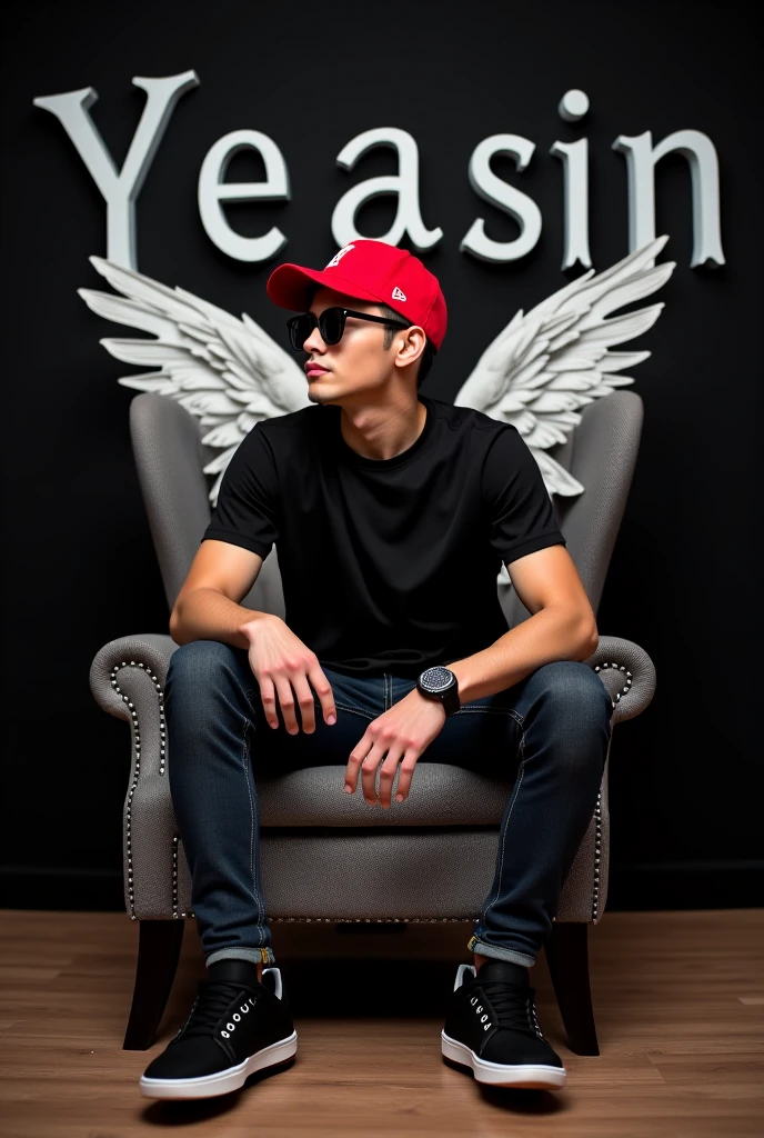 create a 3d illusion for a profile picture where a 25 year old cute boy in a white shirt sitting casually on a wingback chair. wearing sneakers, he looks ahead. the background features "abhinav" in big and capital red neon light fonts on the dark grey wall. there should not be his shadow, and there are wings to make it appear as if he is an angel.
