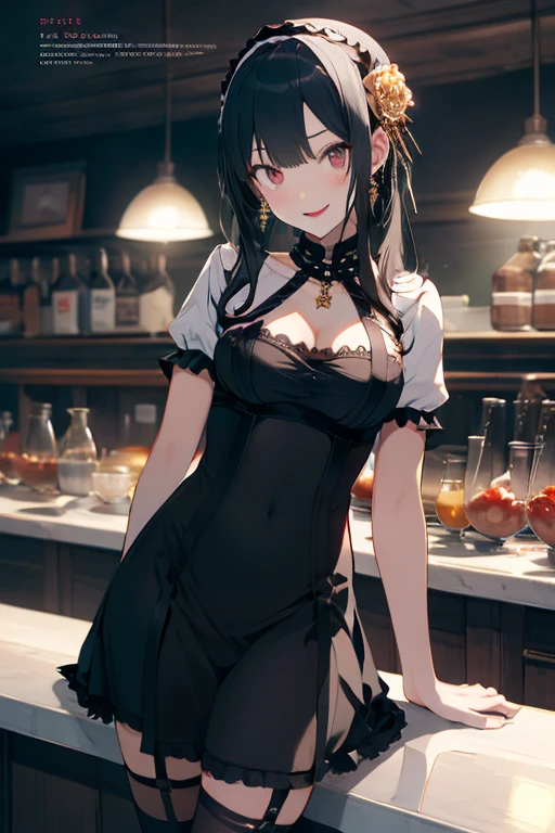 1lady standing, (holding up cocktail glass) (presenting cocktail glass toward viewers), bartender, (black vest over white dress shirt) tie, stylish outfit, mature female, /(dark brown hair/), kind smile, (masterpiece best quality:1.2) delicate illustration ultra-detailed, medium breasts BREAK (fashionable bar counter) indoors, ((cocktail glass) filled with colorful liquor), (dimly lit room), liquor bottles, detailed background