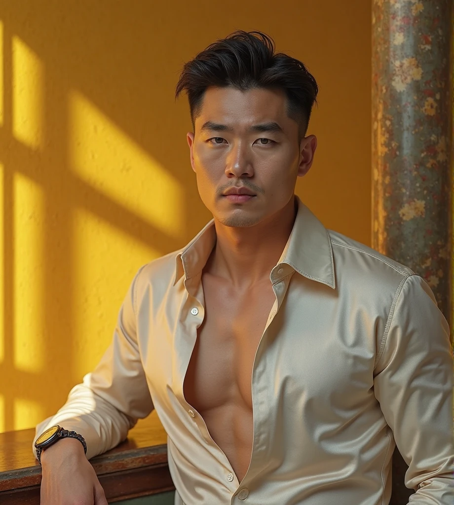 Realistic​ photography​ of a​​​​ korean bad boy​, 25 ages​​​ , wearing​ a​ sexy suit, thin​ necklace​, (huge pecs)​​, at​ room,movement pose cool