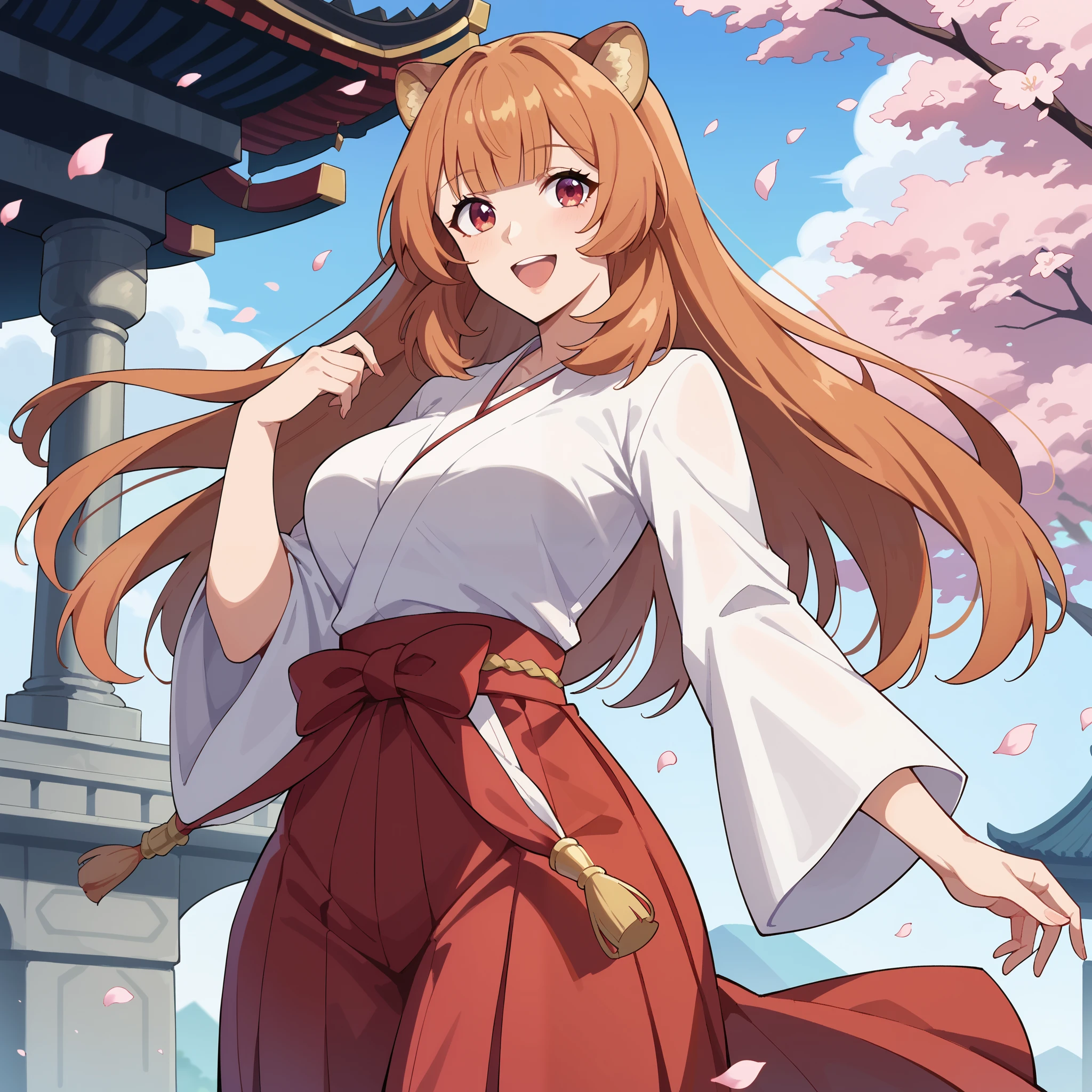 "raphtalia, a beautiful young woman with bright orange hair and deep red eyes. Her rounded animal ears peek out of her silky hair. happy smile, big, firm breasts. wears an elegant traditional Miko outfit. Her hair up to her back,
Her white kosode and red hakama flutter with every step as she walks down the corridor of an ancient sanctuary,
Around you, Cherry petals float in the air, giving it an almost divine aura .