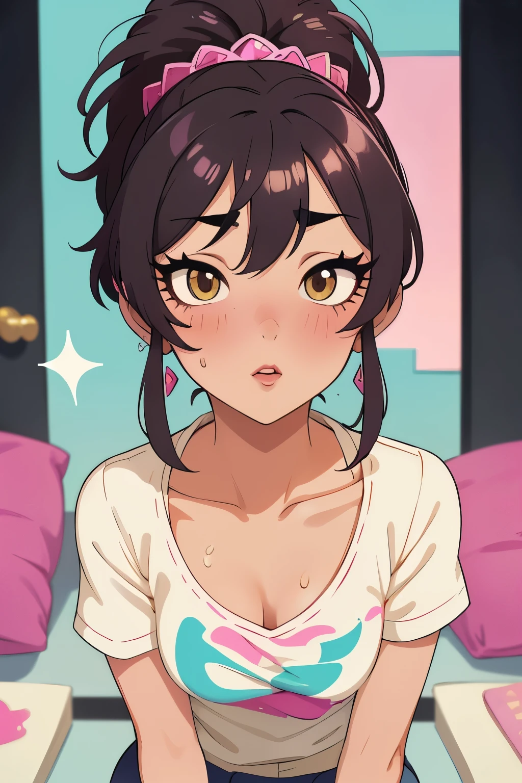1 solo, chibi, Buttercup, very young proportions, flat chest, exposed breasts, oversized night pijama, showing boobs, sleepy, yawning, closed eyes, grumpy, messy hair, bedroom background, gloomy morning light,rubbing eye,
(best quality, masterpiece, RAW photo,ultra-detailed:1.2), 1girl,solo,pov,looking at viewer,smile