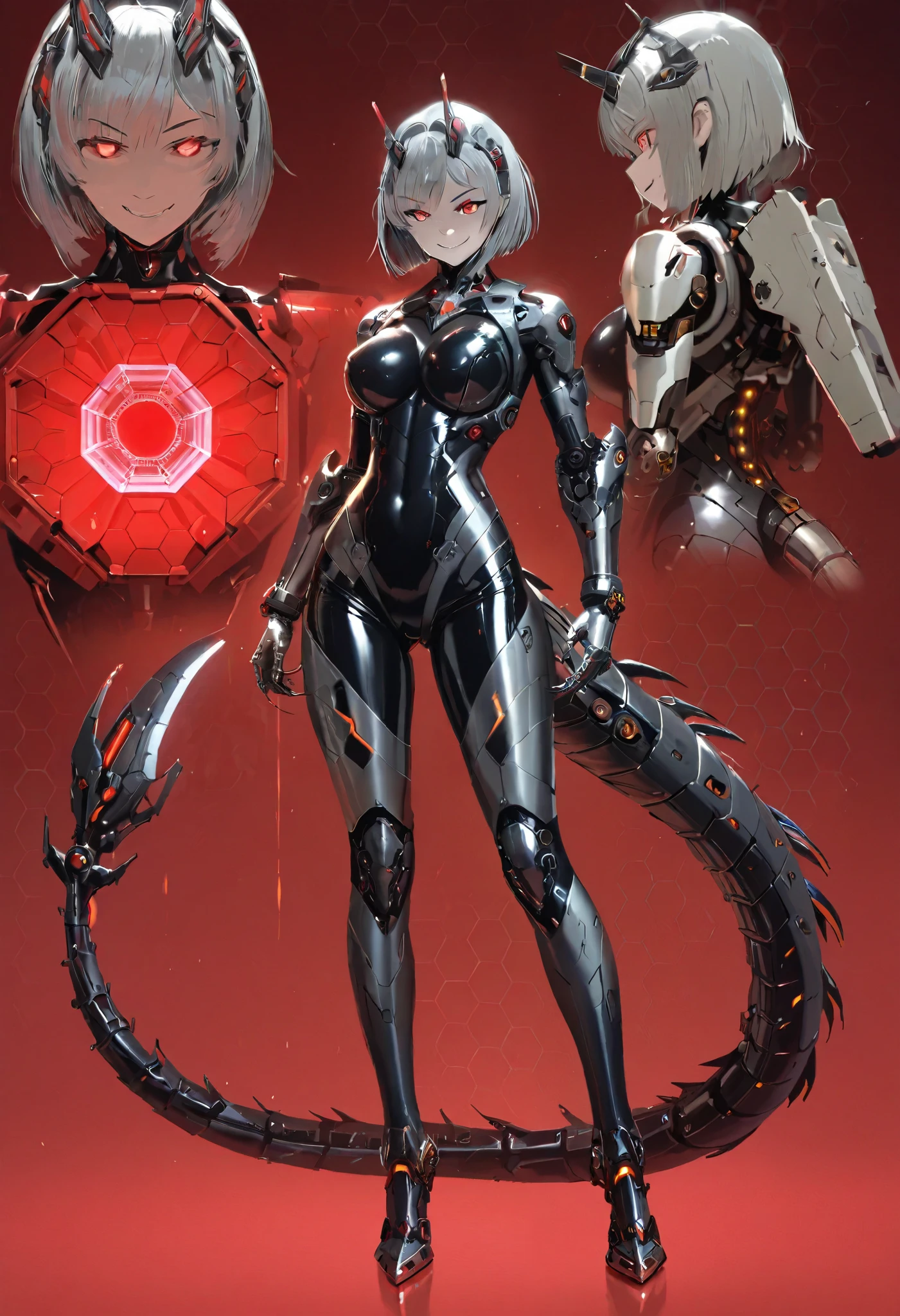 Mechanical Weapon Girl. (Close-up)Full body bodysuit. Latex. Cyber style. Light armor. Look of contempt. Evil smile. Grey hair. Breasts perky. Glowing red eyes. Glowing core. A mechanical monster in the background. Honeycomb pattern tights. Large mechanized hands. Sharp claws. Mechanical dragon tail. Weapons on the back. Battleship elements.