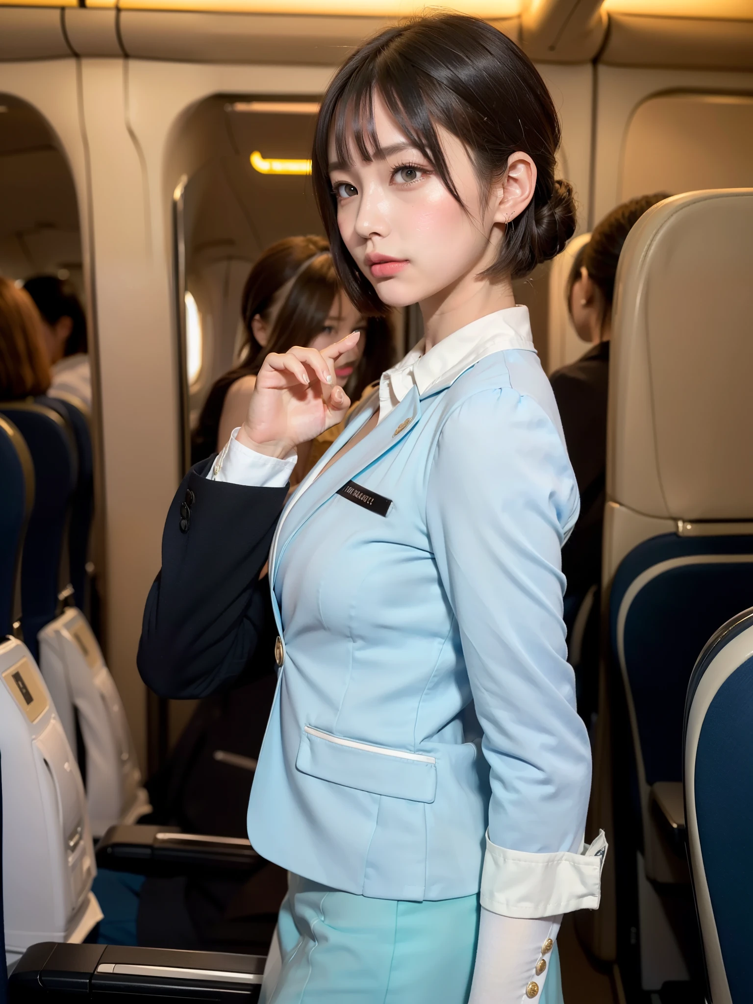 highest quality, masterpiece, ultra high resolution, (realistic:1.4), 20-year-old,1 girl,Super high quality,8k,thinウエスト,thin脚,thin and beautiful arms,beautiful fingers,Sare-eye makeup,thin,Medium chest,soft chest,International flight attendants,stewardess,stewardess制服,JAL uniform,flight attendant uniform,mini skirt,scarf,Uniform with emphasis on breasts,On board the plane,Boarding information in progress,((Ponytail and Hair Tie)),((Bangs short hair)),realistic,picture media chest)),((toothy smile)),((big smile))