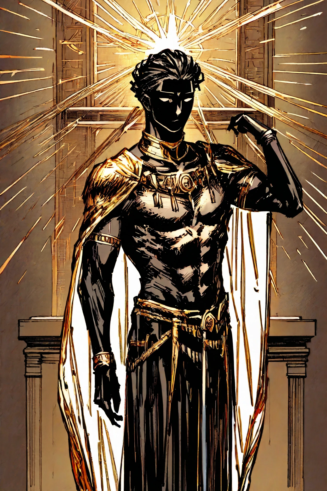 Appearance
Gibborim has a humanoid figure, but with impressive proportions, measuring more than 2.5 meters high. Its body is muscular and covered with black and gold armor with archaic details that evoke cuneiform inscriptions in Akkadian and Sumerian.. His face is stoic and majestic, with eyes as bright as miniature suns, without pupils or irises, reflecting his conceptual nature.
her hair is long , smooth and gold , but it seems to be made of threads of light that float slightly in the air. His skin has a dark bronze shade, giving him the appearance of a living statue from ancient times. His mouth is visible, control but when , his voice echoes like an echo of a lost civilization.
A long cloak , torn at the edges , hangs from his shoulders, with changing inscriptions on his fabric, as if he were narrating the story of Babylon in real time. His hands are covered with thick gauntlets with marks of war and seals of domination.