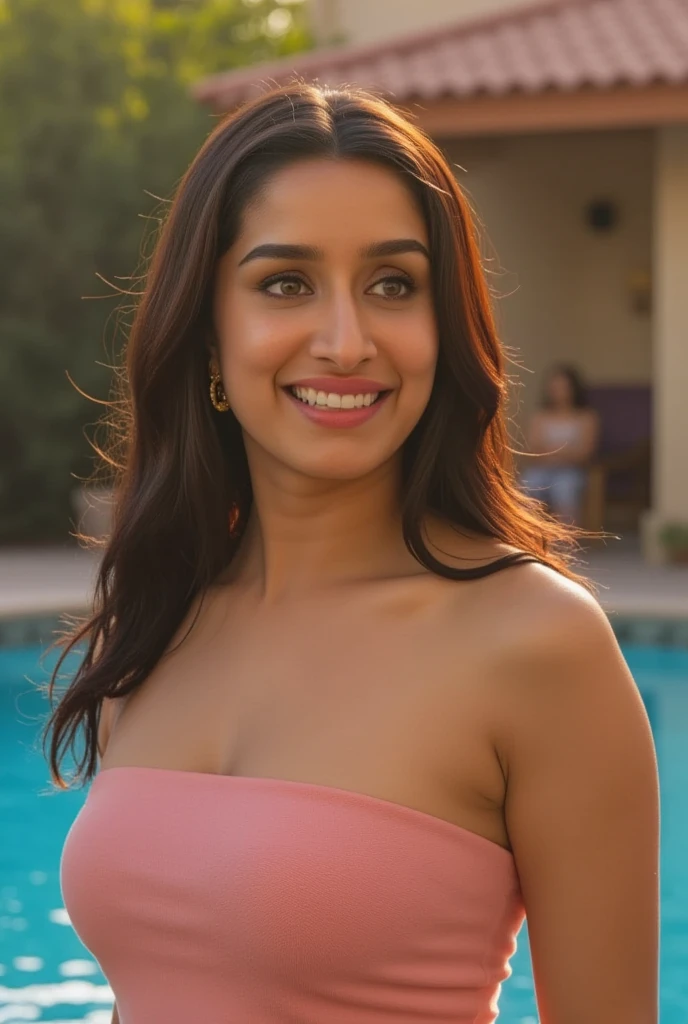 Front view of half body photo, ultrarealistic (( half body close up photo)) of a 32-year-old krsa woman,(( fleshy body)), outdoors, looking at camera, (2 piece bikini) smiling, flowing hair, night time, bedroom, dark theme , fleshy face and body, tall figure,(( cleavage,fleshy navel)), big cheeks, thick, hands down