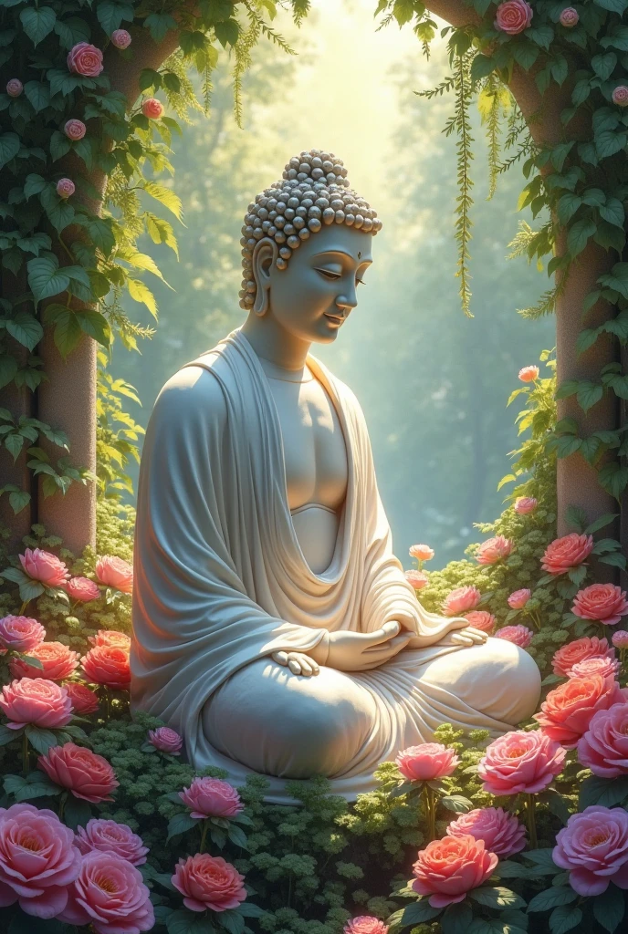 Buddha sit on rose weather is cloudy 