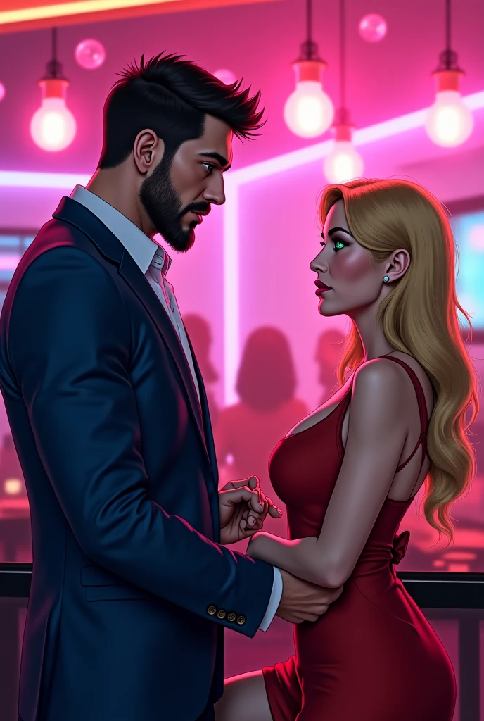 An angry blonde woman with blue eyes and short hair, who is wearing a formal pink dress and is being pulled by the arm by a man. The place resembles a casino and has red lighting.
