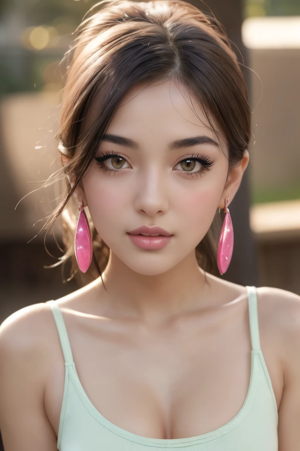 beautiful girl, brown eyes, beautiful slim teenage girl 25 year old woman, hair color [Brown highlights hair], [undercut pixie] hair, earrings, lips, realistic, narrow waist, charming, pink lipstick, colorful makeup, long eyelashes, earrings, fair skin, (cute), (detailed face), detailed eyes, detailed iris, (large breasts:1.2), minidress