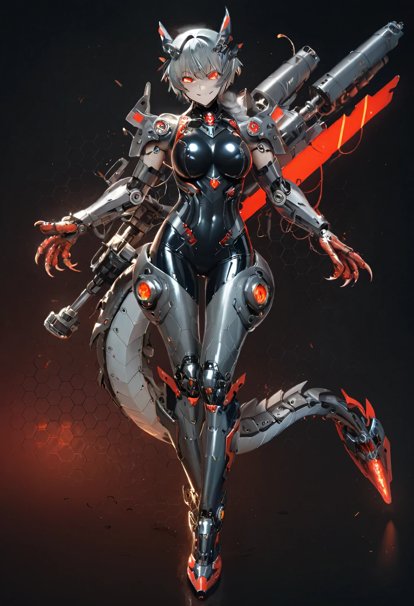 Mechanical Weapon Girl. (Close-up)Full body bodysuit. Latex. Cyber style. Light armor. Look of contempt. Evil smile. Grey hair. Breasts perky. Glowing red eyes. Glowing core. A mechanical monster in the background. Honeycomb pattern tights. Large mechanized hands. Sharp claws. Mechanical dragon tail. Weapons on the back. Battleship elements.