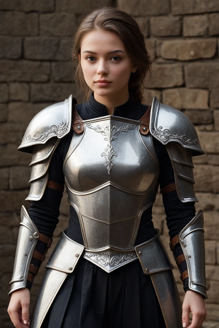 European girl, Scandinavian, blue eyes, smile, ((full body armor), large breasts), stone age setting, looks flirtatious, ultra-detailed human face, amazing fine detail, film stock photograph, lifelike texture, unreal engine, photorealist, real life, sensual.