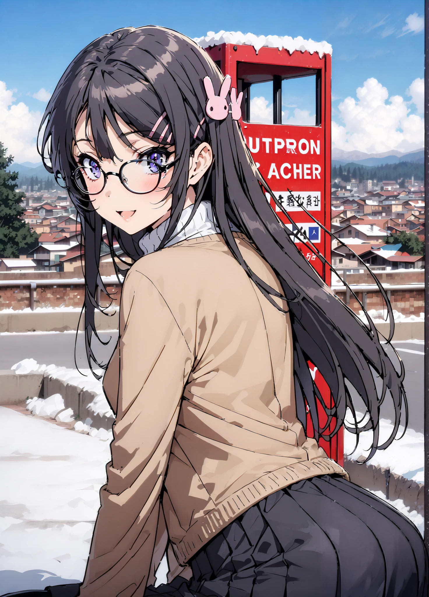 household, Mai Sakurajima , long hair, bungs,   black hair,Alone, hair accessories, purple eyes, hair clip for hair, rabbit hair accessories,smile,blush,open your mouth,Glasses, duffle coat,(sweater  :1.2),( turtleneck on acher:1.2),long skirt,long skirt,Black Pantyhose,boots,snow,winter,Standing residential area,Beautiful cityscape,,full bodyがイラストに入るように,
break looking at viewer,full body,
break outdoors, bus stop,
break (masterpiece:1.2),top quality , kampala, Unity 8K Wallpaper ,(shape:0.8),(  fine, beautiful eyes  :1.6),It's a person ,full body写真,CG Details , (perfect hands with full nudity, complete anatomy),