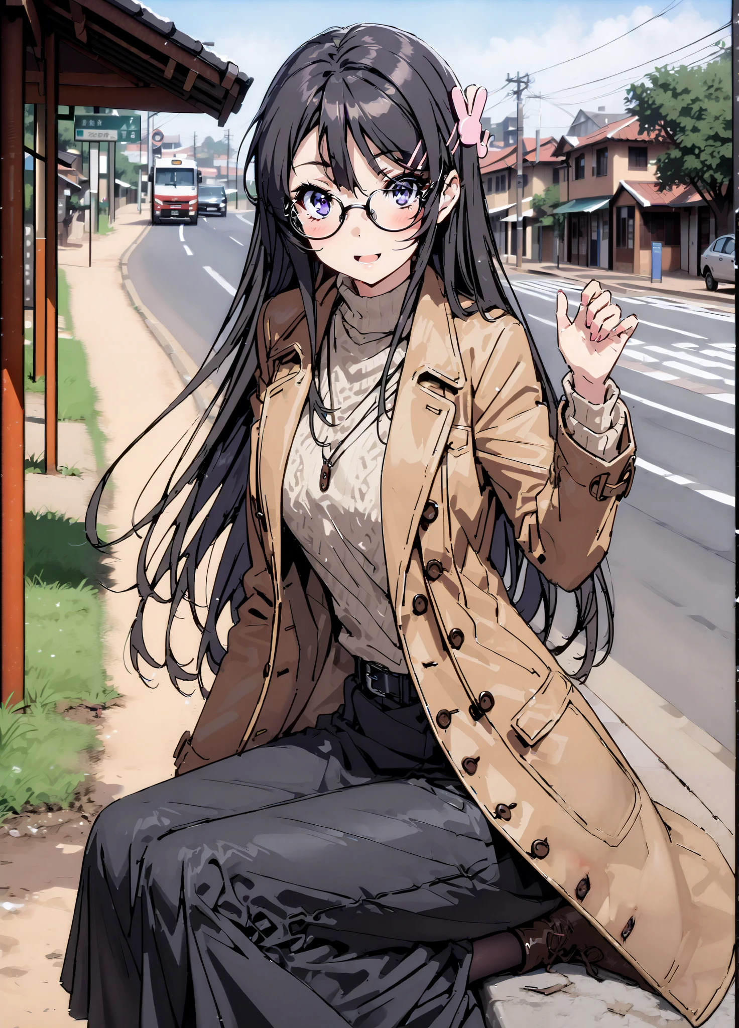 household, Mai Sakurajima , long hair, bungs,   black hair,Alone, hair accessories, purple eyes, hair clip for hair, rabbit hair accessories,smile,blush,open your mouth,Glasses, duffle coat,(sweater  :1.2),( turtleneck on acher:1.2),long skirt,long skirt,Black Pantyhose,boots,snow,winter,Standing residential area,Beautiful cityscape,,full bodyがイラストに入るように,
break looking at viewer,full body,
break outdoors, bus stop,
break (masterpiece:1.2),top quality , kampala, Unity 8K Wallpaper ,(shape:0.8),(  fine, beautiful eyes  :1.6),It's a person ,full body写真,CG Details , (perfect hands with full nudity, complete anatomy),