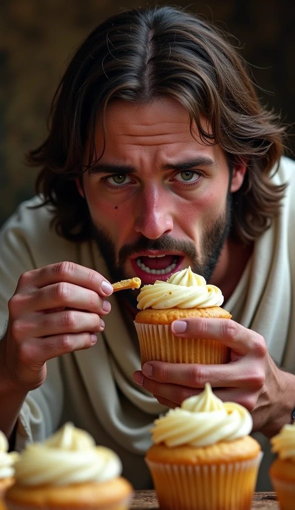 Realistic image of Jesus Christ, surreal, photography, skinny body, eating bread, miserable appearance, lifeless face, same person but muscular appearance eating bread grilled meat