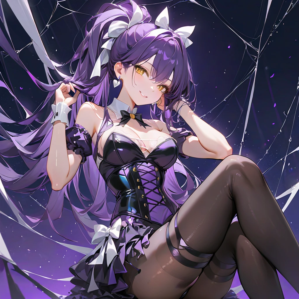 High quality 4k illustration. (1 sexy succubus anime girl), [sexy succubus girl], short detailed purple hair, bright red eyes, [light armor], black top with purple, purple miniskirt, medium breasts. {looking at the viewer with a slight smile, lying at dawn}.