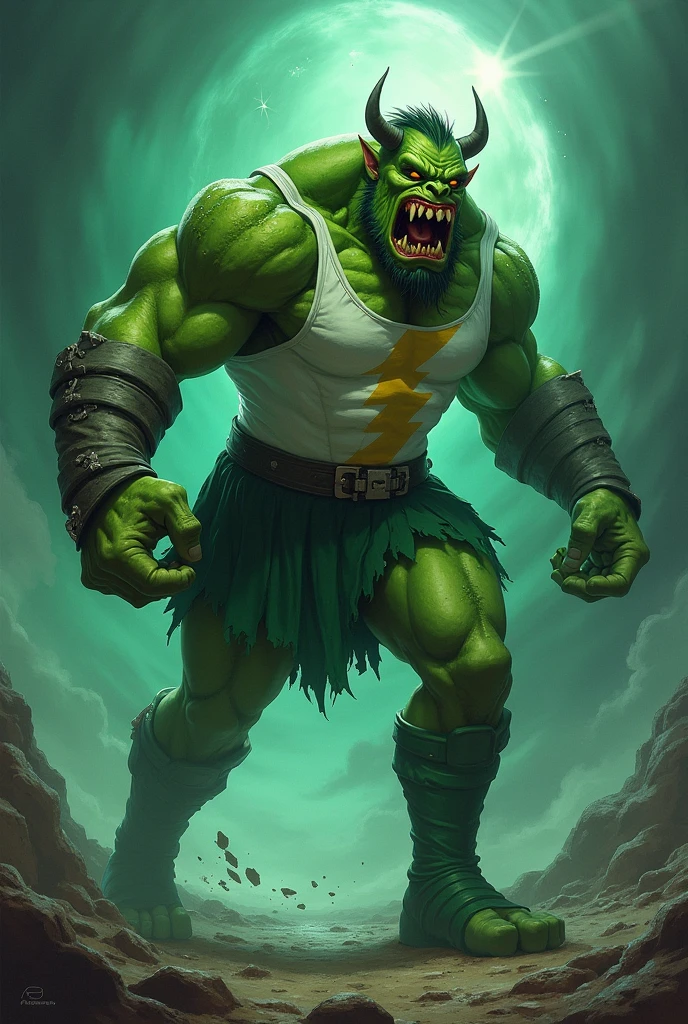 ((impresionante obra maestra)), (Ultra resolution 8K), The best illustration,((obra maestra sin antecedentes)), Epic illustration of Hulk dressed as the days of thunder the Thor, Hulk con armadura el Thor, martillo Mjolnir. el Thor, Capa roja, Very well detailed comic masterpiece, lightning bolts, thunder and lightning, Illustration by Hetera, Epic lighting, agregar efecto al final de la obra