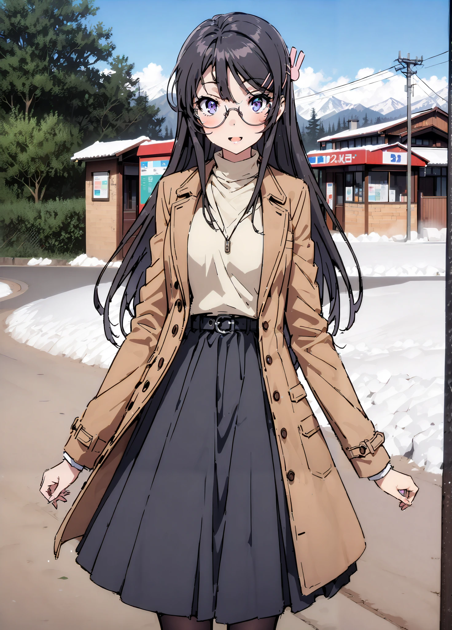 household, Mai Sakurajima , long hair, bungs, black hair,Alone, hair accessories, purple eyes, hair clip for hair, rabbit hair accessories,smile,blush,open your mouth,Glasses, duffle coat,(sweater :1.2),( turtleneck on acher:1.2),long skirt,long skirt,Black Pantyhose,boots,snow,winter,Standing residential area,Beautiful cityscape,,full bodyがイラストに入るように,
break looking at viewer,full body,
break outdoors, bus stop,
break (masterpiece:1.2),top quality , kampala, Unity 8K Wallpaper ,(shape:0.8),( fine, beautiful eyes :1.6),It's a person ,full body写真,CG Details , (perfect hands with full nudity, complete anatomy),