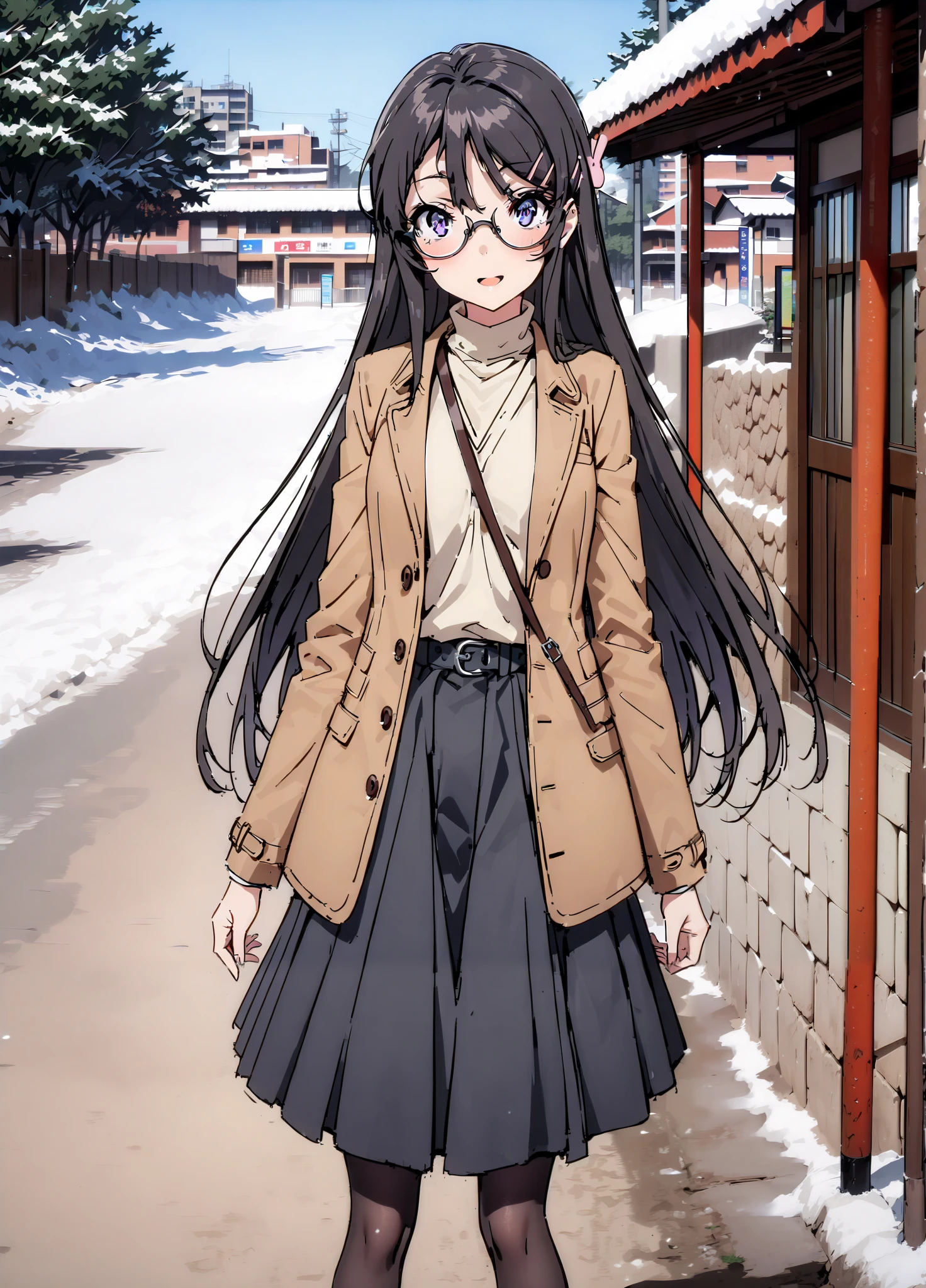household, Mai Sakurajima , long hair, bungs, black hair,Alone, hair accessories, purple eyes, hair clip for hair, rabbit hair accessories,smile,blush,open your mouth,Glasses, duffle coat,(sweater :1.2),( turtleneck on acher:1.2),long skirt,long skirt,Black Pantyhose,boots,snow,winter,Standing residential area,Beautiful cityscape,,full bodyがイラストに入るように,
break looking at viewer,full body,
break outdoors, bus stop,
break (masterpiece:1.2),top quality , kampala, Unity 8K Wallpaper ,(shape:0.8),( fine, beautiful eyes :1.6),It's a person ,full body写真,CG Details , (perfect hands with full nudity, complete anatomy),