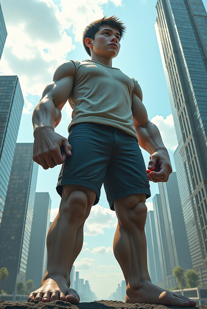 A handsome 20 year old boy, redhead with freckles and who wears glasses that possesses divine musculature where the muscles of his entire body are enormous.
He is well-shaven..
The muscles in his legs and thighs are bigger than those in his torso, and he's wearing extra long white football socks that reach up to his thighs. He is levitating in the sky..
He has a face with a Machiavellian look while in the background you can see a city destroyed by the.