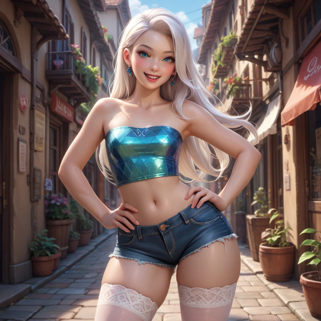 {best quality}, {{masterpiece}}, {high res}, extremely detailed CG, extremely detailed 8K wallpaper, extremely detailed character,{an extremely delicate and beautiful portrait}, (((portrait))), solo, small , sharp focus, dramatic angle, {{cinematic lighting}}, (photorealistic:2), {{{character ({{{Belle Delphine}}}, smile, opened mouth, beautiful detailed eyes, light blue eyes)}}}, ((1)), highly detailed eyes, highly detailed face, (cowboy shot), 1 girl, solo, standing, studio background, (black background), white hair, multicolored hair, , blue hoodie, hair ornament, (((bikini)))