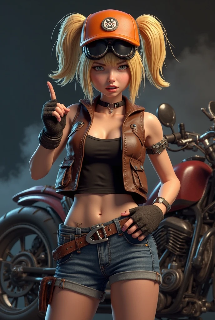 Create a cartoon style character, Beautiful woman with elf ears, bee, with beautiful yellow eyes, freckles and welding goggles, steampunk style, short hair, Crazy, white. viste un top corto white con escote, Black jacket with gold details, Short black shorts, Black gloves and boots with subtle gold details, urban style clothing. walking through a surreal city, mixing styles, medieval, Current era. holding a giant hammer effortlessly on her shoulder. He has a slight burn scar on the right side of his face.. three dimensional effect