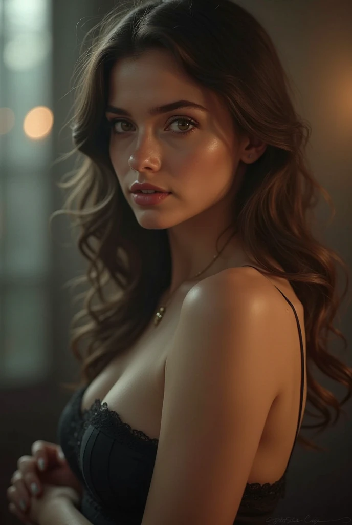HyperSmoke, award winning portrait photo of an young norwegian woman, fair skin, bokeh, backlit, (brown color in detail:1.1), elegant atmosphere, realistic, intricate details, true skin tone, dark backround <lora:lowkey_v1.1:1>