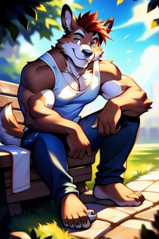 (Maximum Fineness, Dynamic HDR, 8K, FULL HD). Furry, solo, Outdoor, Sports Training ,sunny, happy, Shota, cute, boy, A wolf with white fur and Grey on its body, blue eyes, black eyebrows, without clothes , Grey nipples, one tail, Wear exercise shorts, There is clearly sweat on the body, The crotch of the pants is clearly bulging, Smiling faces 