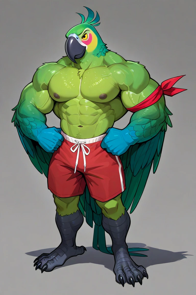 A furry, anthro Crocodile stands solo in a front view, with a muscular body and hands behind his back. He is wearing boxer shorts and has a simple image background. The image quality is (best quality, 4k, 8k, highres, masterpiece:1.2), ultra-detailed, and (realistic, photorealistic, photo-realistic:1.37). The artwork is created with a medium of your choice, such as illustrations, oil paintings, 3D renderings, or photography. The artistic style should capture the essence of furry and anthropomorphic characters. The color palette should be vibrant, with vivid colors enhancing the overall visual impact. The lighting should be dramatic, emphasizing the dragon's powerful presence.
