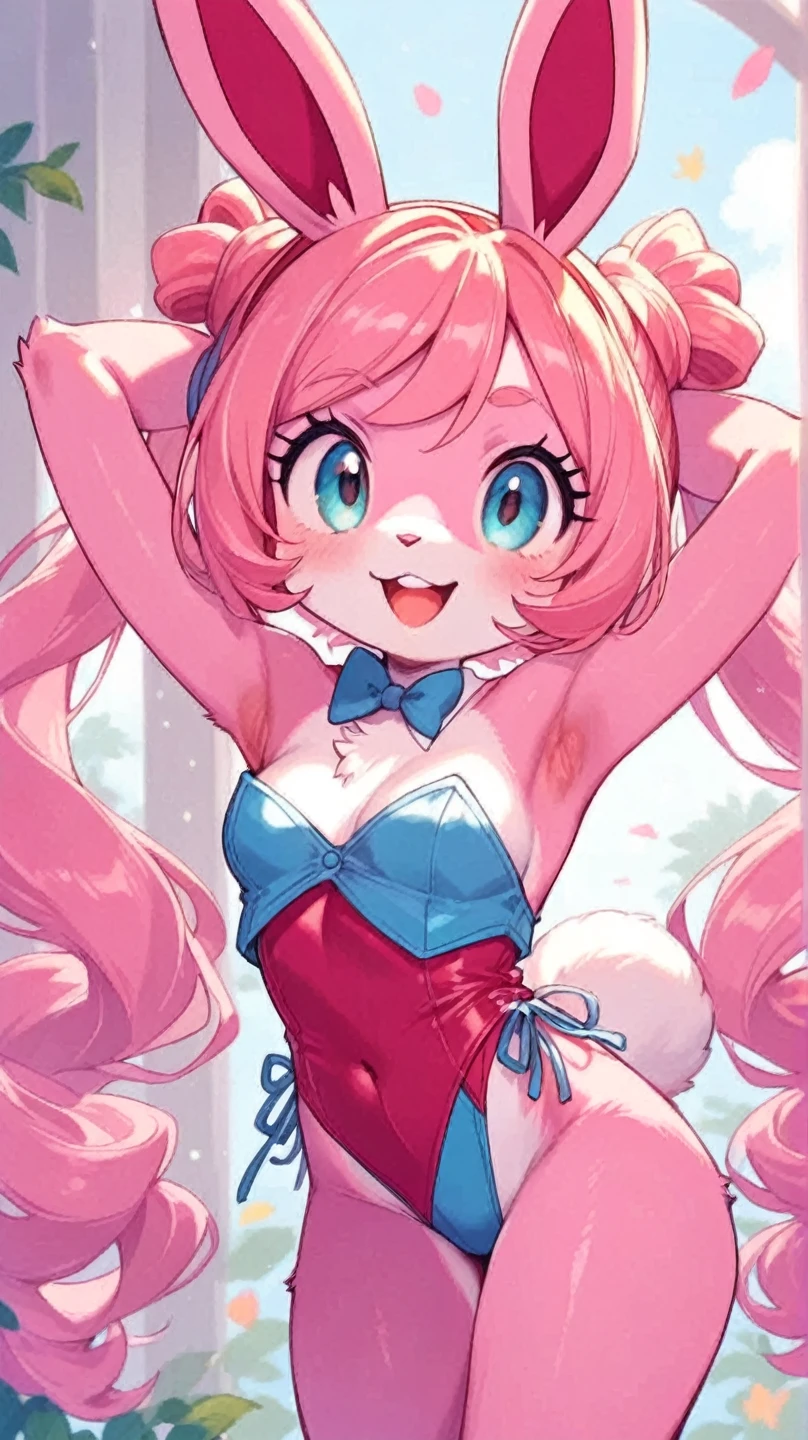 Furry girl, dog, cute hair, long ponytail, blonde hair, stars hairpin, red eyes, small breasts, detailed body fur, ((magenta ruffled bikini, headband with lace)), masterpiece, looking at you, two tone body fur, turquoise body fur, clear turquoise body fur, detailed face, big eyebrows, detailed eyes, detailed body, detailed hands, glistering body, shiny body, skinny, :3, open mouth, floppy dog ears, detailed hands, full body, feets with three toes, simple backgroud, White background,