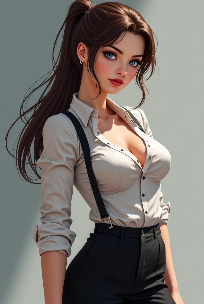 Sexy girl,long ponytail, teacher dress, midium ,3 buttons open at the chest