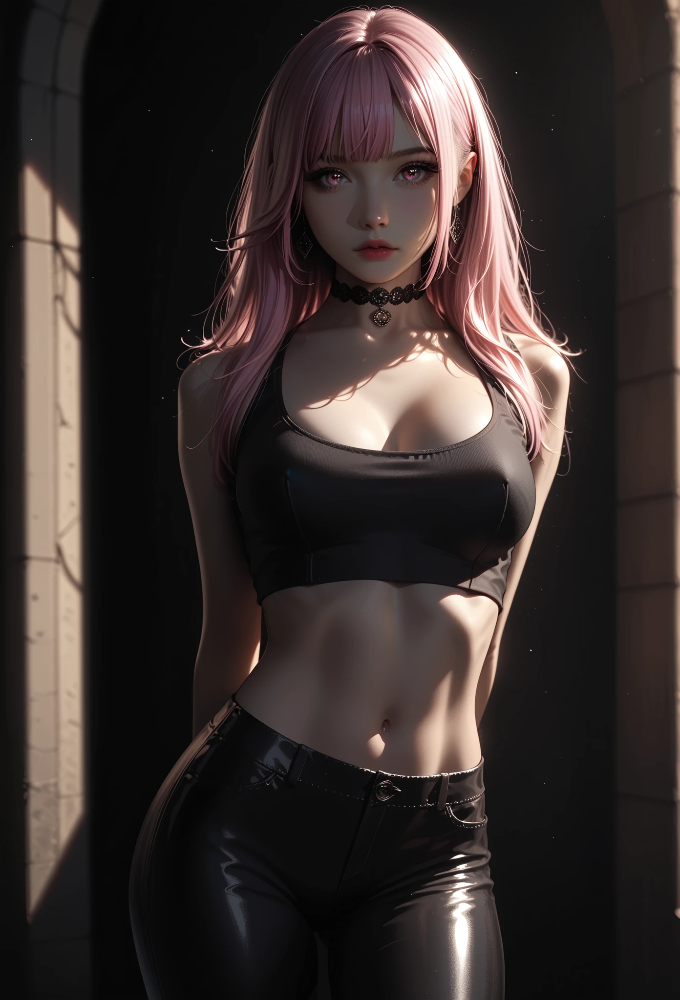 (masterpiece, best quality:1.4), official art, absurdres, vivid colors, looking at viewer, girl, asian , long pink hair, beautiful eyes, tight crop top, tight pants, choker, navel, slender, big breasts, cleavage, (arch back), small head, sharp focus, dynamic lighting, cinematic lighting, dramatic shadow, highres, ultra detailed, finely detail, extremely detailed, detailed eyes and face, sharp pupils, realistic pupils, simple background, (arms and hands behind back), pastel color palette,