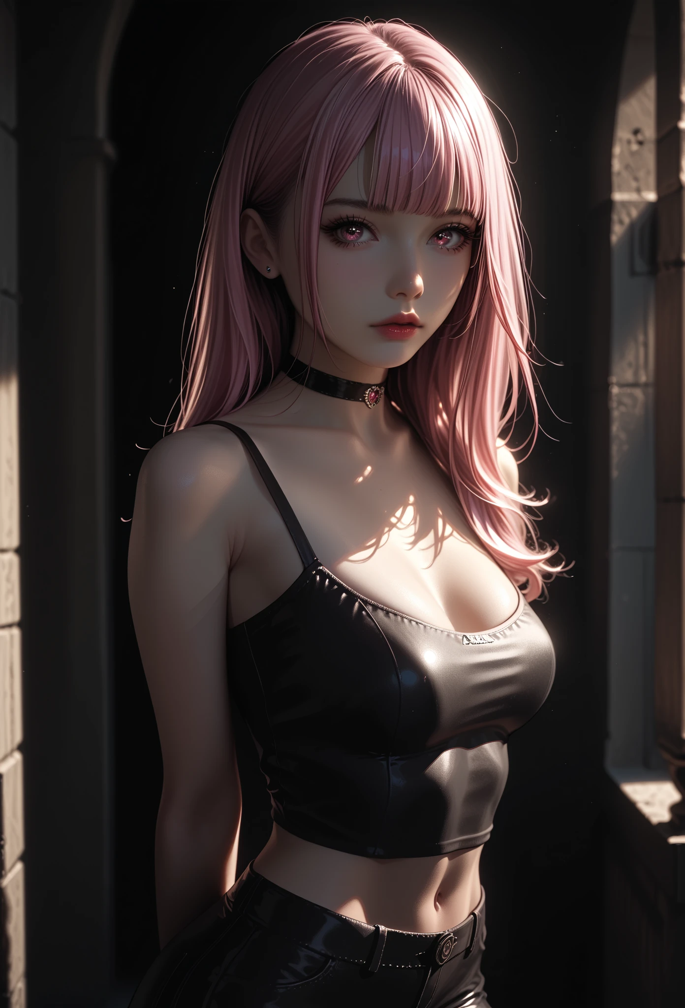 (masterpiece, best quality:1.4), official art, absurdres, vivid colors, looking at viewer, girl, asian , long pink hair, beautiful eyes, tight crop top, tight pants, choker, navel, slender, big breasts, cleavage, (arch back), small head, sharp focus, dynamic lighting, cinematic lighting, dramatic shadow, highres, ultra detailed, finely detail, extremely detailed, detailed eyes and face, sharp pupils, realistic pupils, simple background, (arms and hands behind back), pastel color palette,