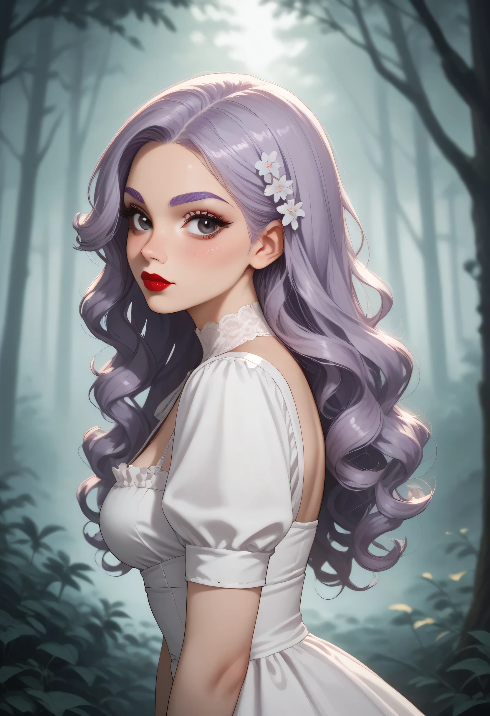 Dead Forest, Forest, Trees, 1Girl, Perfect Body, Beautiful Girl, Light Purple Hair, Long Hair, Purple Eyebrows, Natural Eyebrows, Black Eyeliners, Big Eyes, Black Eyes, Pink Blush, Nose, Red Lipstick, Thick Lipstick, Closed Mouth, Black Victorian Dress, Medium Breasts, From Side, Looking At Viewer