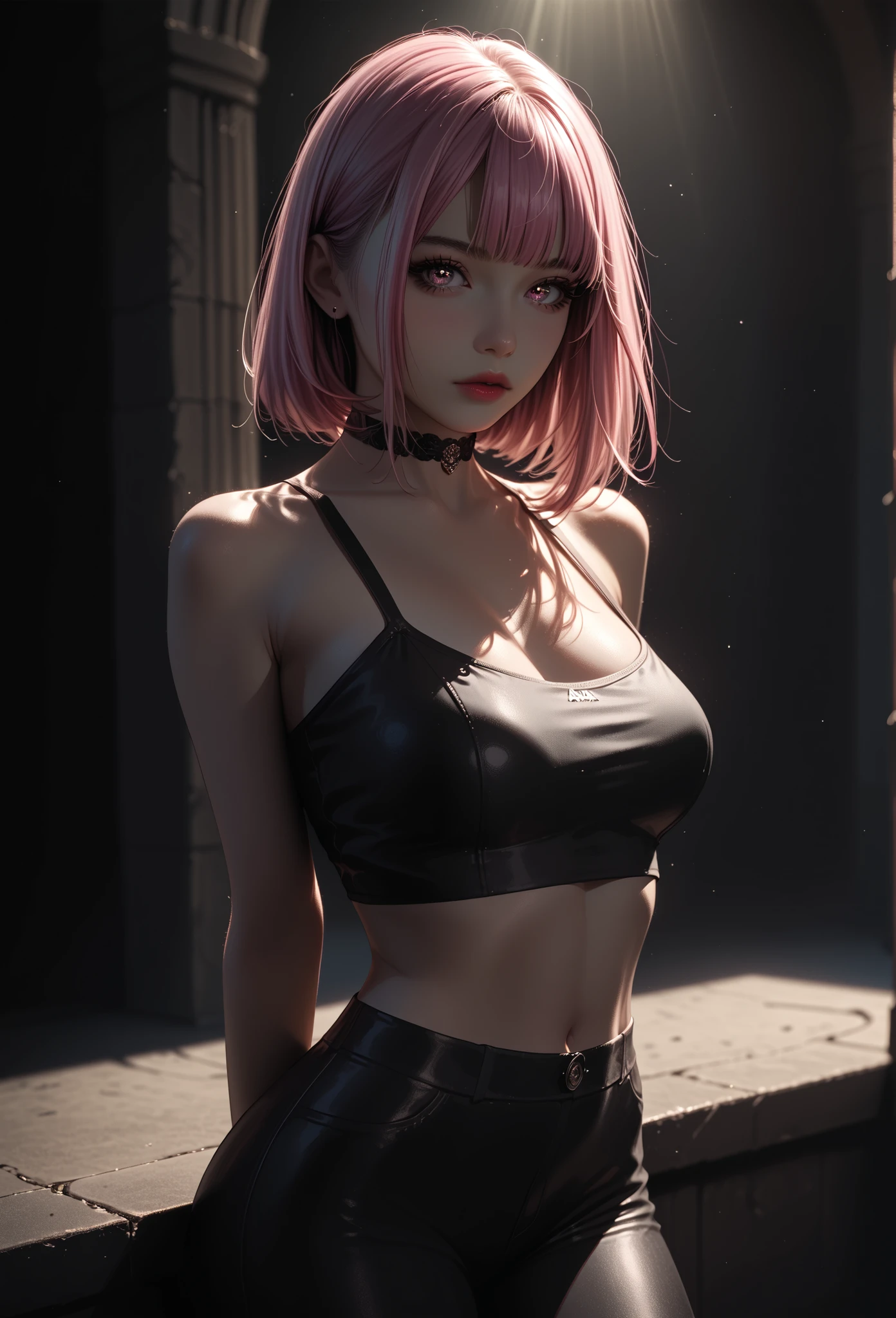 (masterpiece, best quality:1.4), official art, absurdres, vivid colors, looking at viewer, girl, asian , long pink hair, beautiful eyes, tight crop top, tight pants, choker, navel, slender, big breasts, cleavage, (arch back), small head, sharp focus, dynamic lighting, cinematic lighting, dramatic shadow, highres, ultra detailed, finely detail, extremely detailed, detailed eyes and face, sharp pupils, realistic pupils, simple background, (arms and hands behind back), pastel color palette,