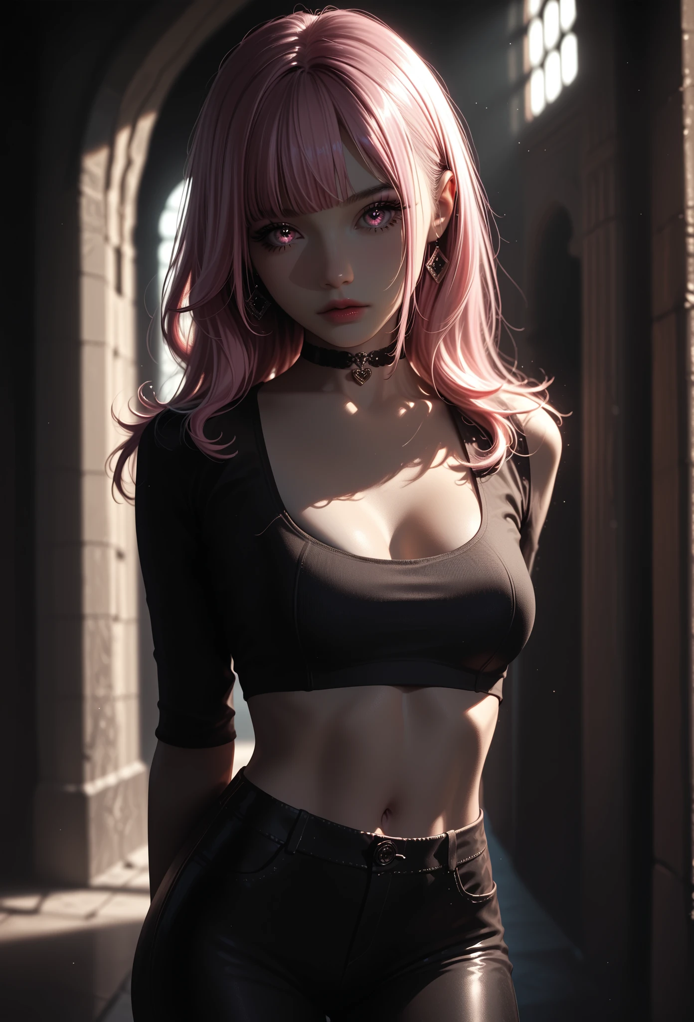 (masterpiece, best quality:1.4), official art, absurdres, vivid colors, looking at viewer, girl, asian , long pink hair, beautiful eyes, tight crop top, tight pants, choker, navel, slender, big breasts, cleavage, (arch back), small head, sharp focus, dynamic lighting, cinematic lighting, dramatic shadow, highres, ultra detailed, finely detail, extremely detailed, detailed eyes and face, sharp pupils, realistic pupils, simple background, (arms and hands behind back), pastel color palette,