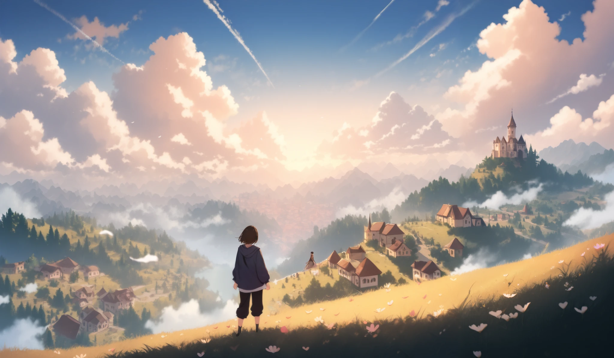 cinematic view, breathtaking fantasy landscape, a young girl standing on a grassy hill, wearing modern casual clothes, looking at a grand medieval kingdom in the distance, the city is surrounded by towering mountains, majestic castle at the center, golden sunset glow, soft mist covering the valley, warm and mystical atmosphere, detailed architecture, lush green fields, ((petals:1,5)), scattered small villages, masterpiece, best quality, high score, great score, absurdres, year 2024