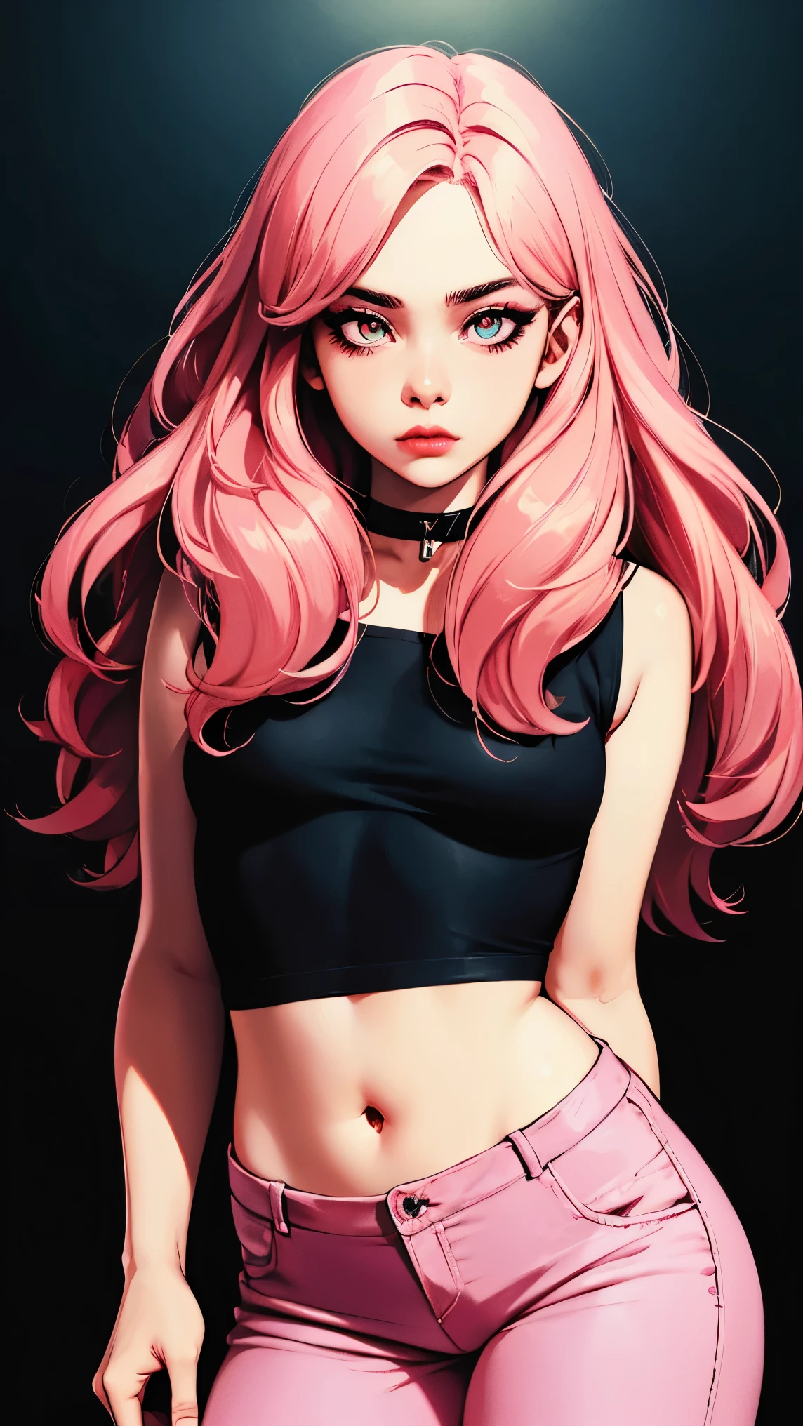 (masterpiece, best quality:1.4), official art, absurdres, vivid colors, looking at viewer, girl, asian , long pink hair, beautiful eyes, tight crop top, tight pants, choker, navel, slender, big breasts, cleavage, (arch back), small head, sharp focus, dynamic lighting, cinematic lighting, dramatic shadow, highres, ultra detailed, finely detail, extremely detailed, detailed eyes and face, sharp pupils, realistic pupils, simple background, (arms and hands behind back), pastel color palette,